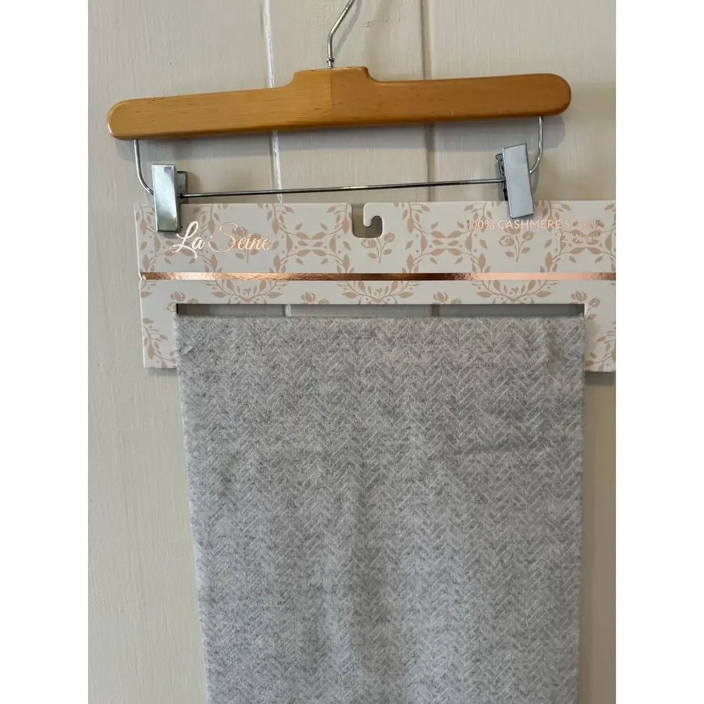La Seine Fringed Cashmere Scarf Light Gray Herringbone Print